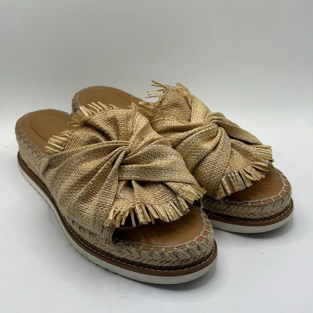 Antonio Melani Tan Raffia Knotted Espadrille Slide Sandals Platform Fringe 10M